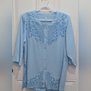 Chic Light Blue Embroidered Blouse